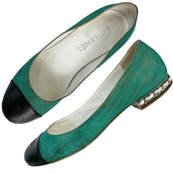 Chanel Coco Logo Two Tone Cap Toe Leather Linen Teal Black Chain Flats 36.5 - Picture 1 of 15